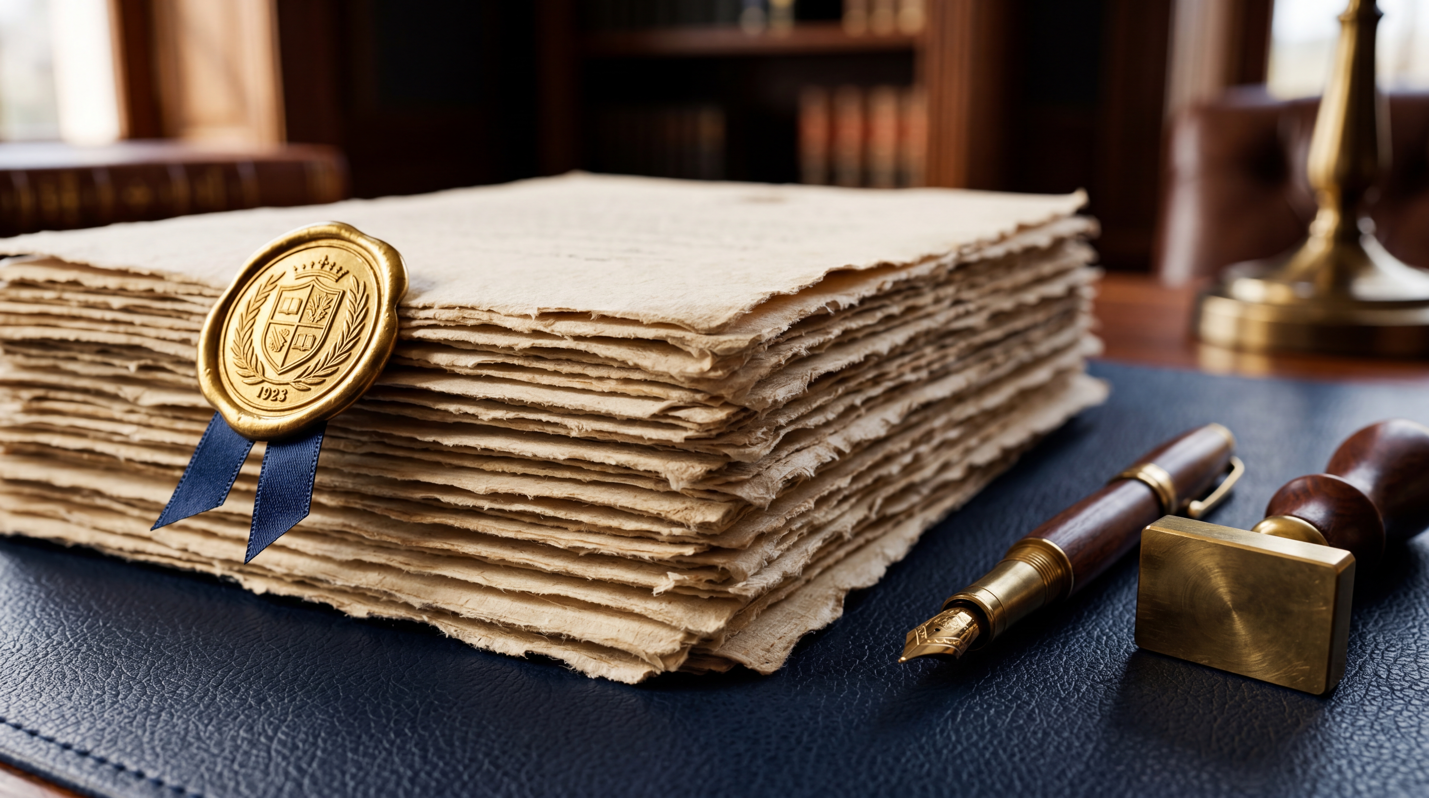 Property deed documents on navy leather desk